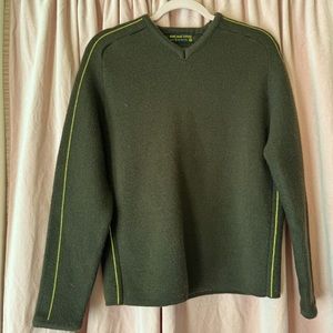 Vintage gender neutral sweater with very cool yellow striped arms. Pure wool